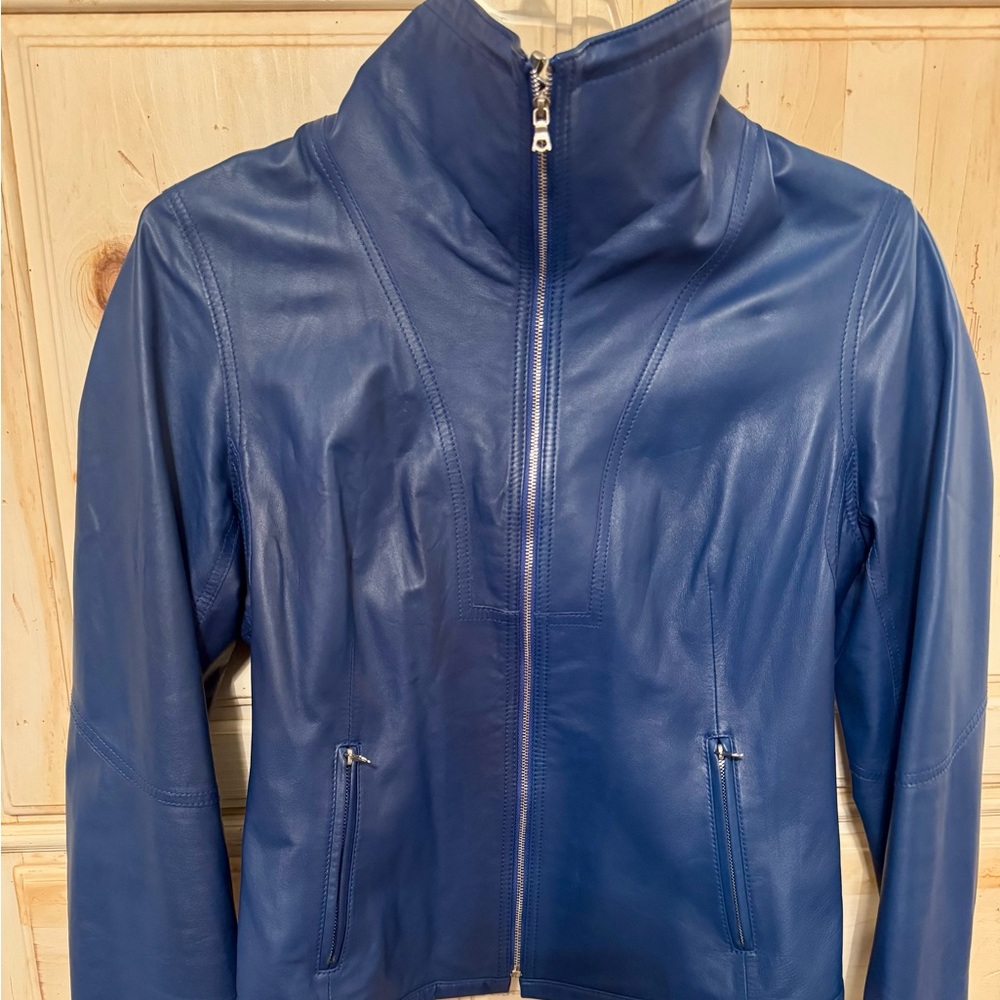 Elie Tahari Vibrant Blue Leather Jacket - Picture 3 of 11